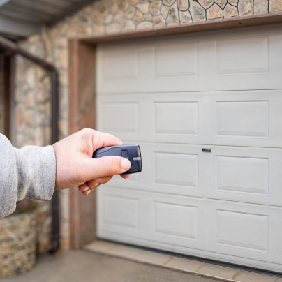 Athens security key fob pointing to a garage door