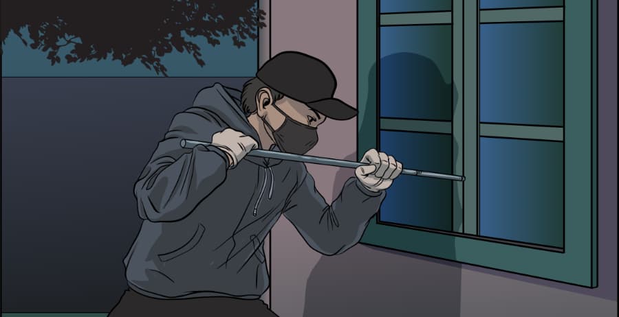 Illustration of burglar forcing entry through a window in Athens
